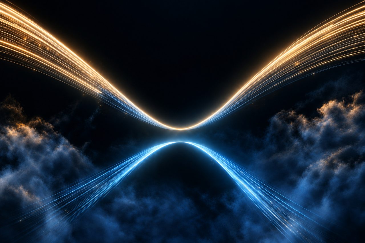 Streams of gold and blue light converging, the Odingram brand visual